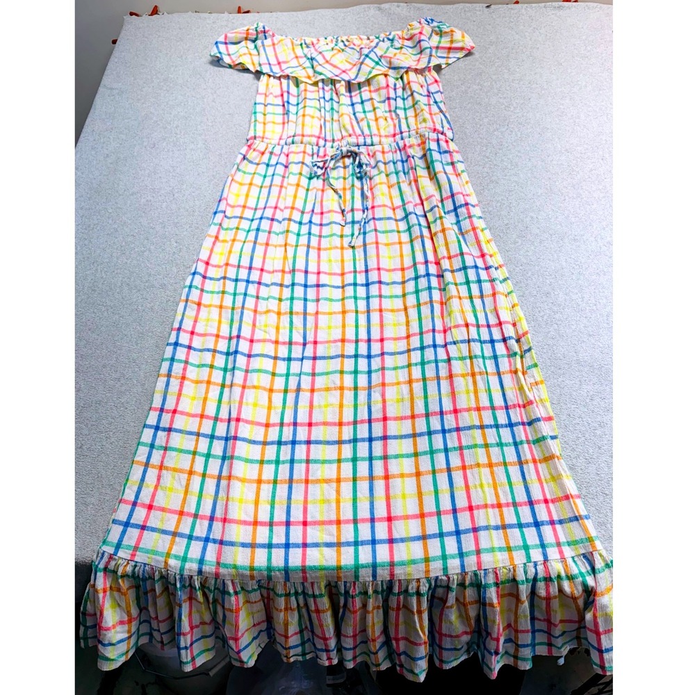 Style & Co Maxi Dress Womens L Multicolor Rainbow Plaid Off Shoulder Ruffle